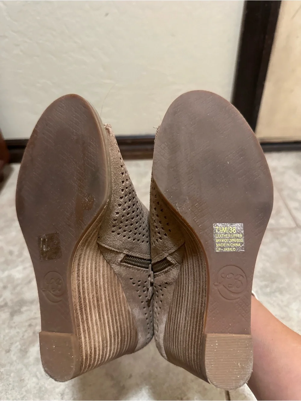 Lucky Brand Taupe Perforated Suede Wedge Booties with Side Bow